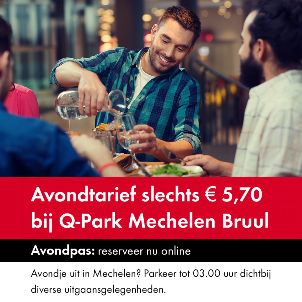 Q-Park afbeelding met lachende mensen die eten en een actie i.v.m. avondtarief