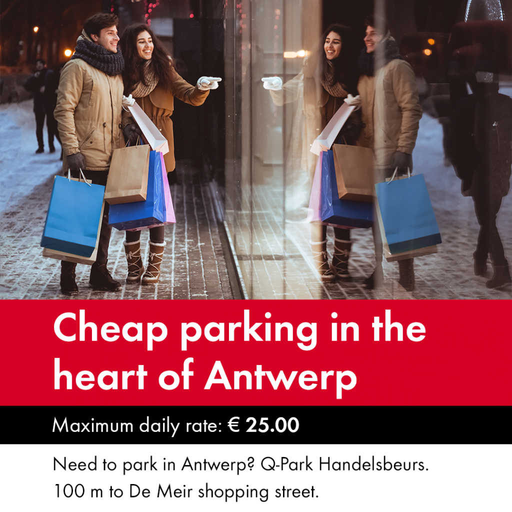 Q-Park Handelsbeurs Antwerpen afbeelding tekst met een afbeelding waar 2 personen naar een element wijzen